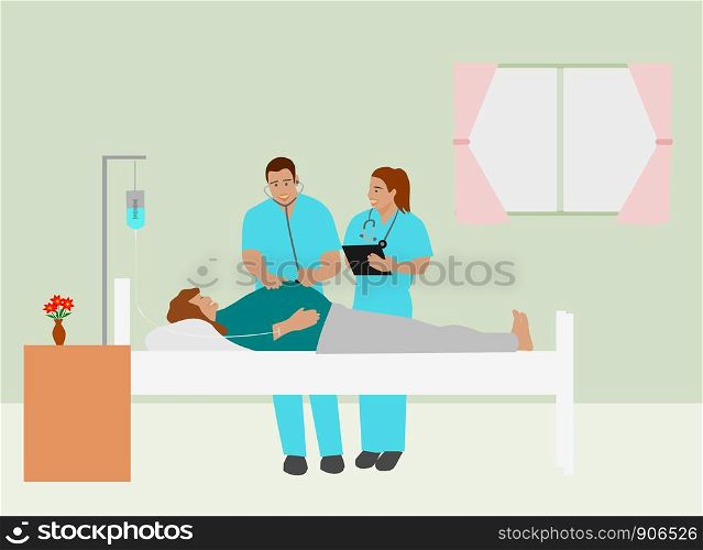 The obstetrician is examining the womb of a woman on the bed in a white room.