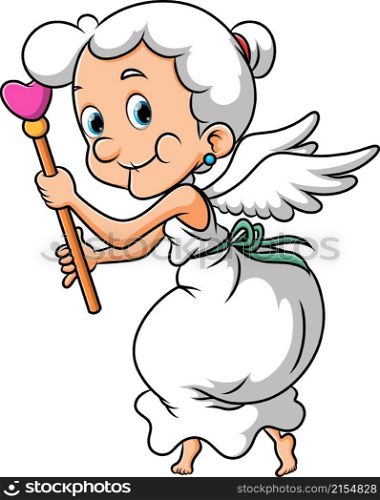 The old cupid woman is flying with the love wand