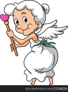 The old cupid woman is flying with the love wand