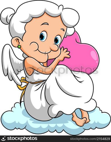 The old cupid woman is holding the love and sitting on the cloud