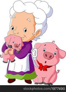The old grandmother is hugging the baby pig