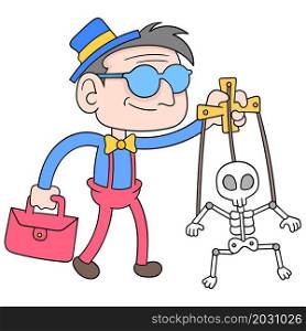the old man was moving a marionette doll in the shape of a skull