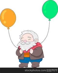 The old man was walking alone carrying 2 balloons, cartoon flat illustration