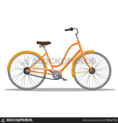 The old orange classic bicycle icon. Isolated on a white background. Vector illustration in flat style. The old orange classic bicycle.