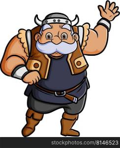 The old viking is raising the hand with the happy expression