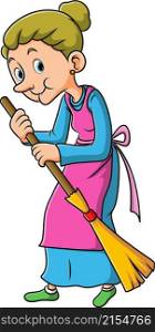 The old woman is sweeping the yard with the broom stick