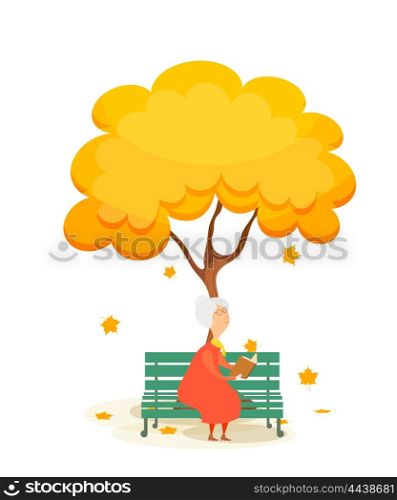 The old woman on the bench. Elderly woman on a park bench, reading a book under a &#xA;autumn yellow tree. Falling maple leaves. Autumn time. Stock vector illustration