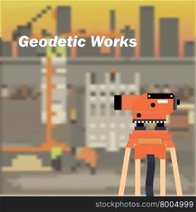 The Optical Level. The geodetic device. Topography in construction. The background image of construction. The measuring device in construction.