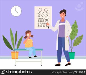The optometrist checks eyesight of a little girl. The patient looks at the table for a vision test. Table for testing visual acuity in the ophthalmologist s office. Girl at the appointment with doctor. The optometrist checks eyesight of a little girl. The patient looks at the table for a vision test