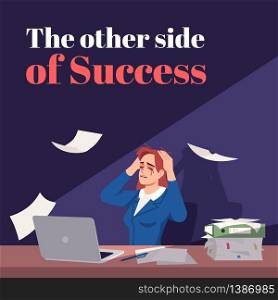 The other side of success social media post mockup. Stress at work. Advertising web banner design template. Social media booster, content layout. Promotion poster, print ads with flat illustrations. The other side of success social media post mockup