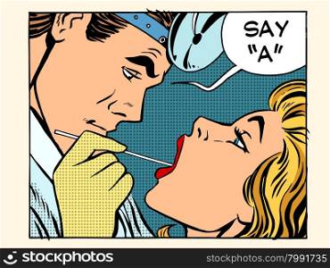 the otolaryngologist examines the throat pop art retro style. A man inspects a woman throat. otolaryngologist examines the throat patient