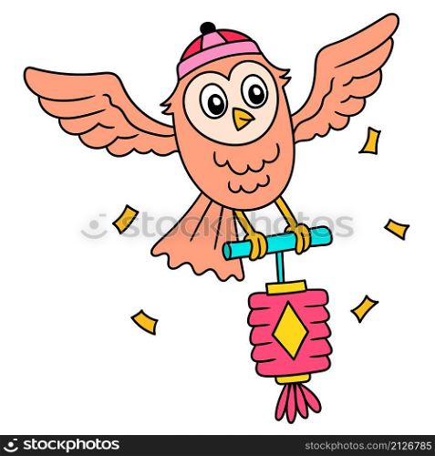 the owl carries a lantern to welcome the chinese new year