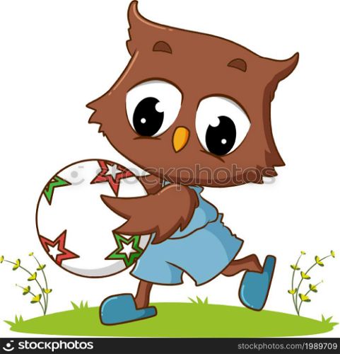 The owl is playing the ball in the field of illustration