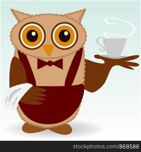 The owl, waiter in claret and butterfly burgundy, with a cup of steaming coffee, a towel on the wing. The owl-waiter in claret and butterfly burgundy, with a cup of steaming coffee, tea, a towel on the wing
