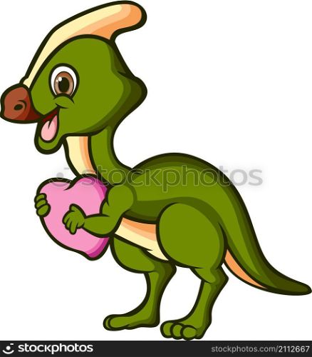 The parasaurolophus is walking and hugging a love doll