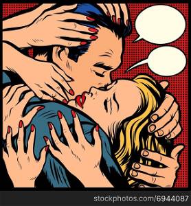the passion of love. woman hugging man. Comic book cartoon pop art retro illustration. the passion of love. woman hugging man