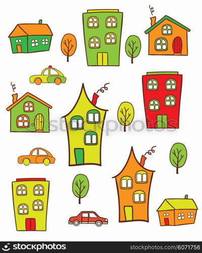The pattern of colored houses. It can be used as decoration for fabrics, wallpaper, illustration for a variety of goods, items or for design and creativity.