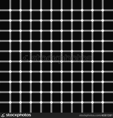 The pattern of intersecting gray lines on a black background, white circles at the intersections of the lines, the illusion of black circles, vector illustration for print or website design.. pattern of intersecting gray lines