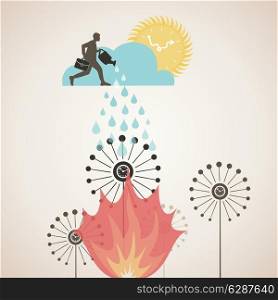 The person waters burning time. A vector illustration
