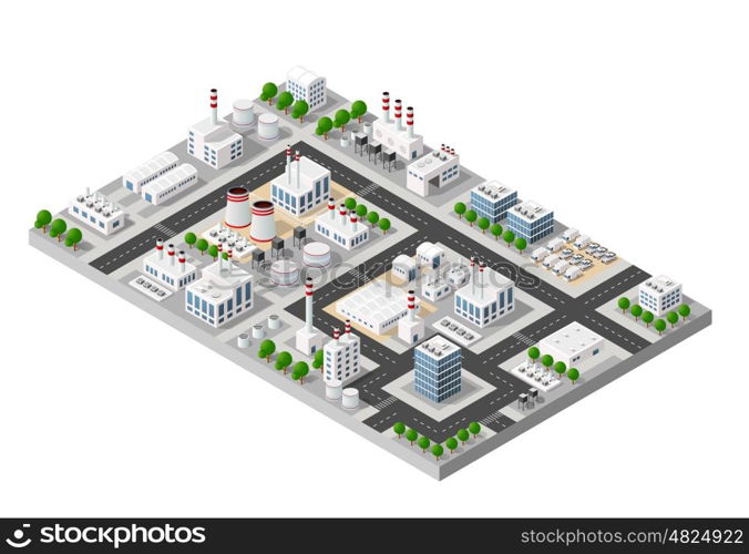 The perspective view of the landscape of industrial objects plants, factories, parking lots and warehouses. Isometric top view the city with streets, buildings and trees. 3D city construction industry