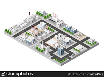 The perspective view of the landscape of industrial objects plants, factories, parking lots and warehouses. Isometric top view the city with streets, buildings and trees. 3D city construction industry