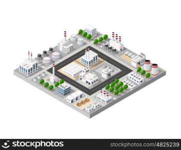 The perspective view of the landscape of industrial objects plants, factories, parking lots and warehouses. Isometric top view the city with streets, buildings and trees. 3D city construction industry