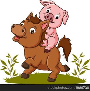 The pig and horse are playing together in the garden of illustration