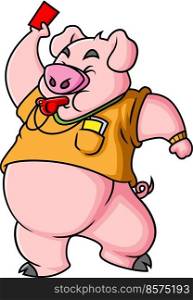 The pig is being a referee and blowing the whistle to take out red card