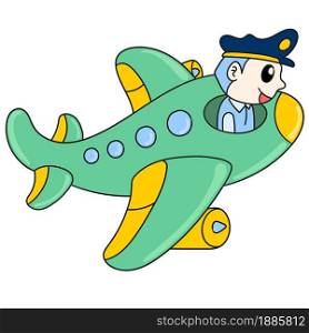 the pilot drives the airplane. vector illustration of cartoon doodle sticker draw