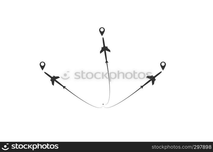 The planes flies on the line. Tourism and travel. The waypoint is intended for a tourist trip. and his track on a white background. Vector illustration.. The planes flies on the line. Tourism and travel. The waypoint is intended for a tourist trip. and his track on a white background. Vector illustration