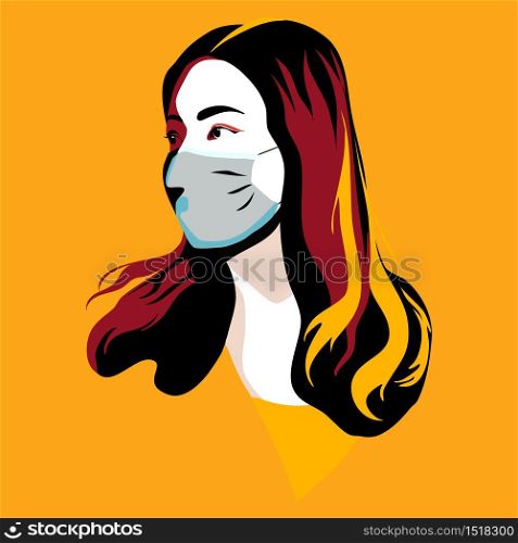 the pop art Illustration of a woman head with face mask on yellow background.