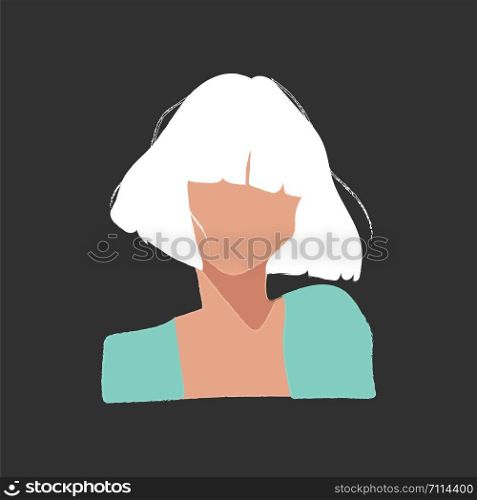 The portrait of a girl in a blue-colored dress white cropped hair wheatish-brown skin has no eyes nose and mouth and set over blue background vector color drawing or illustration