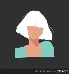 The portrait of a girl in a blue-colored dress white cropped hair wheatish-brown skin has no eyes nose and mouth and set over blue background vector color drawing or illustration