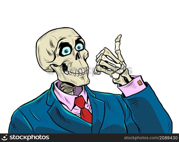 The positive skeleton of a businessman like a thumbs up. Good business, positive dead man, business survival in a difficult period of the economy. Pop Art Retro Vector Illustration Kitsch Vintage 50s 60s Style. The positive skeleton of a businessman like a thumbs up. Good business, positive dead man, business survival in a difficult period of the economy