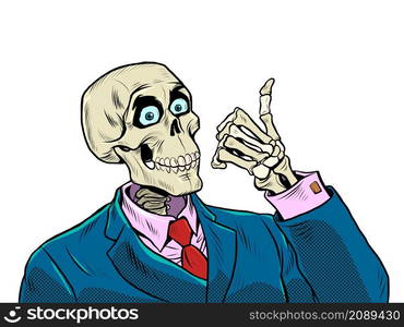 The positive skeleton of a businessman like a thumbs up. Good business, positive dead man, business survival in a difficult period of the economy. Pop Art Retro Vector Illustration Kitsch Vintage 50s 60s Style. The positive skeleton of a businessman like a thumbs up. Good business, positive dead man, business survival in a difficult period of the economy