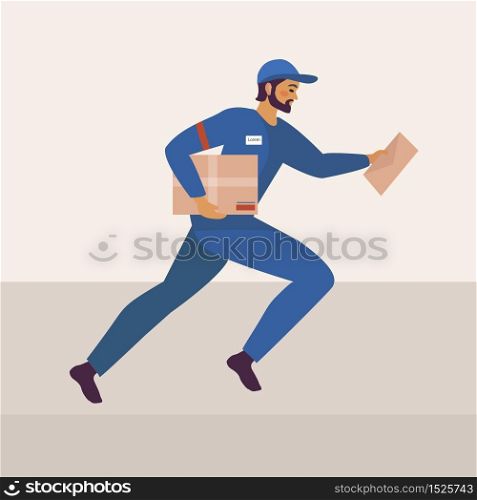The postman runs and holds the parcel and letter in a blue uniform. Delivery service is fast. Vector illustration modern style.. The postman runs and holds the parcel and letter in a blue uniform. Delivery service is fast. Vector illustration modern style