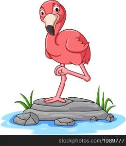 The pretty flamingo is standing with the one leg on the pond of illustration