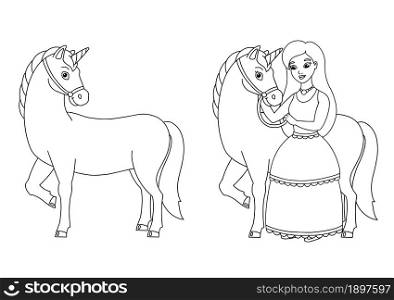 The princess and the unicorn. Coloring book page for kids. Cartoon style character. Vector illustration isolated on white background.