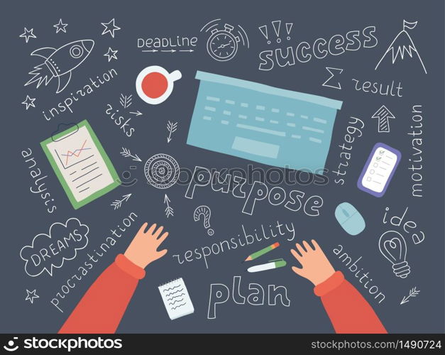 The process of planning steps to success. Hands, laptop, notepad, phone on the table. Motivation, procrastination, inspiration. Symbols of thinking of a plan or strategy. Top view. Vector illustration. The process of planning steps to success. Motivation, procrastination, inspiration. Symbols of thinking of a plan or strategy.