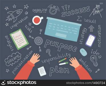 The process of planning steps to success. Hands, laptop, notepad, phone on the table. Motivation, procrastination, inspiration. Symbols of thinking of a plan or strategy. Top view. Vector illustration. The process of planning steps to success. Motivation, procrastination, inspiration. Symbols of thinking of a plan or strategy.