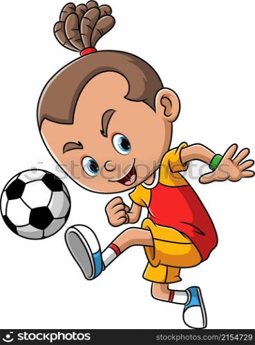 The professional football player is dribbling the ball
