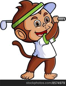 The professional golf monkey is hitting the ball 