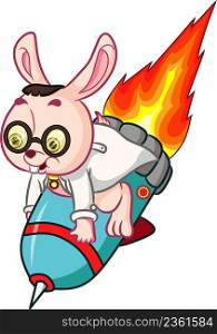 The professor rabbit is flying with the big fire rocket