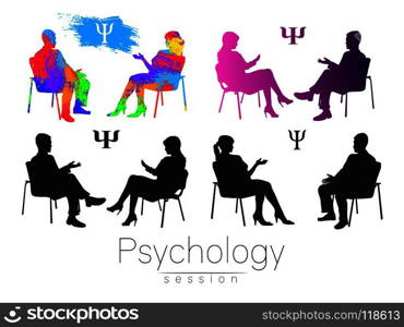 The psychologist and the client. Psychotherapy. Psycho therapeutic session. Psychological counseling. Man woman talking while sitting.Silhouette. Black profile. Modern symbol logo. Design concept sign. The psychologist and the client. Psychotherapy. Psycho therapeutic session. Psychological counseling. Man woman talking while sitting. Silhouette.Black profile. Modern symbol logo. Design concept sign