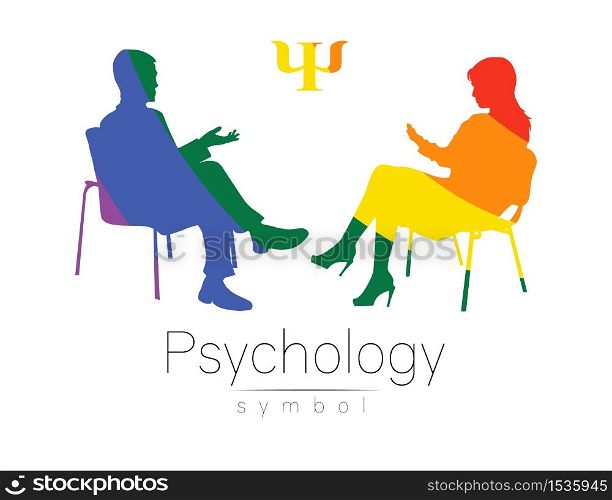 The psychologist and the client. Psychotherapy. Psycho therapeutic session. Psychological counseling. Man woman talking while sitting. Silhouette Rainbow color profile. Modern symbol logo Concept lgbt.. The psychologist and the client. Psychotherapy. Psycho therapeutic session. Psychological counseling. Man woman talking while sitting. Silhouette Rainbow color profile. Modern symbol logo Concept lgbt