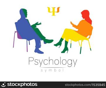 The psychologist and the client. Psychotherapy. Psycho therapeutic session. Psychological counseling. Man woman talking while sitting. Silhouette Rainbow color profile. Modern symbol logo Concept lgbt.. The psychologist and the client. Psychotherapy. Psycho therapeutic session. Psychological counseling. Man woman talking while sitting. Silhouette Rainbow color profile. Modern symbol logo Concept lgbt