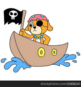the puppy is playing the role of a pirate carrying a skull flag on a wooden boat
