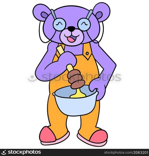 the purple bear is kneading the dough to make a cake