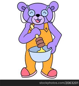 the purple bear is kneading the dough to make a cake