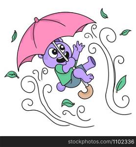 the purple bear is using an umbrella. cartoon illustration sticker emoticon
